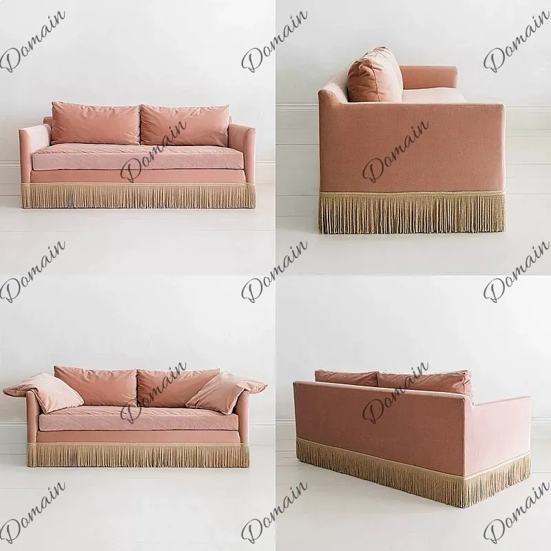 Vintage French Velvet Sofa Pink Small Double Seater Removable Washable Fringe Straight Row for Apartment Photography Props