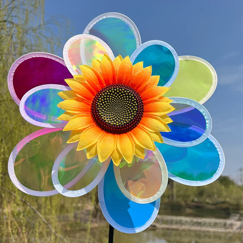 1PC Outdoor Garden Lawn Yard Bird-Scaring Wind Spinner Fruit Garden Reflective Six Color Dazzling Sunflower Windmill Kids Toys