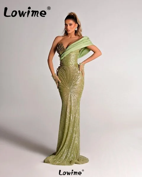 Aso Ebi Arabic Evening Dress Green Beaded Off Shoulder Mermaid Prom Dress Sequined Party Engagement Gowns Dresses Robe De Soiree