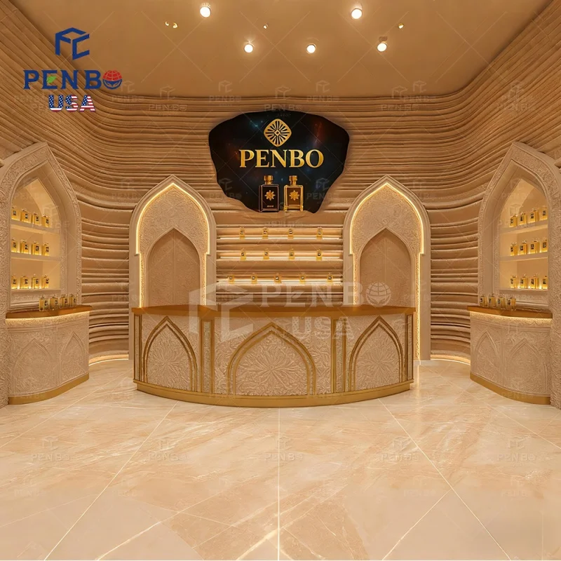 custom.High End Arab Style Perfume Shop Interior Design Shopping Center Marble Perfume Shop Setup Furniture Perfume Bar De