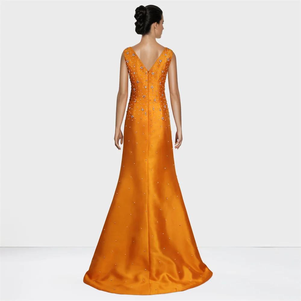 Long Elegant  Evening Dresses 2024 Luxury Boat  Neck Beading  Sparkly Diamond Orange A Line Prom Gala Formal Gowns with Cape