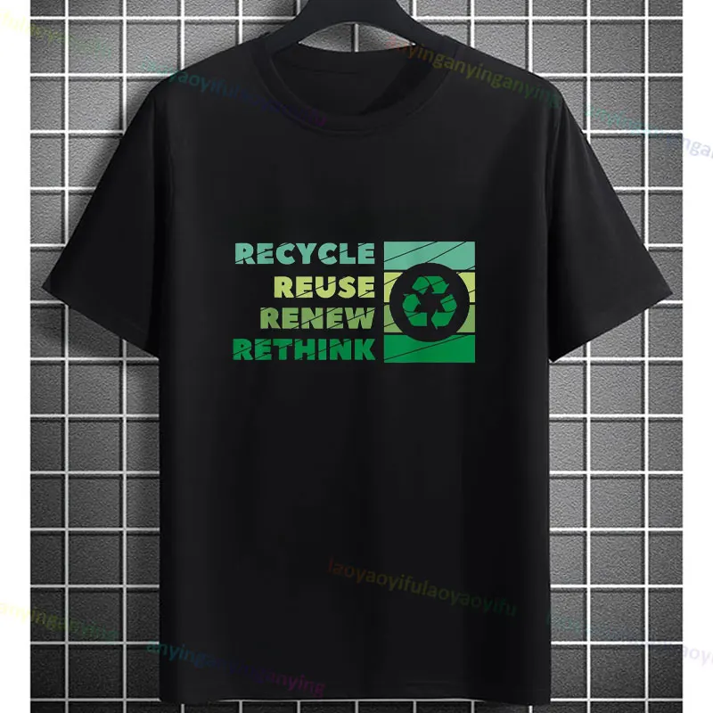 Men's High-Quality Recycle, Reuse, Renew, Rethink Graphic T-Shirt Earth Day Awareness Design Pure Cotton Casual Short-sleev Tee