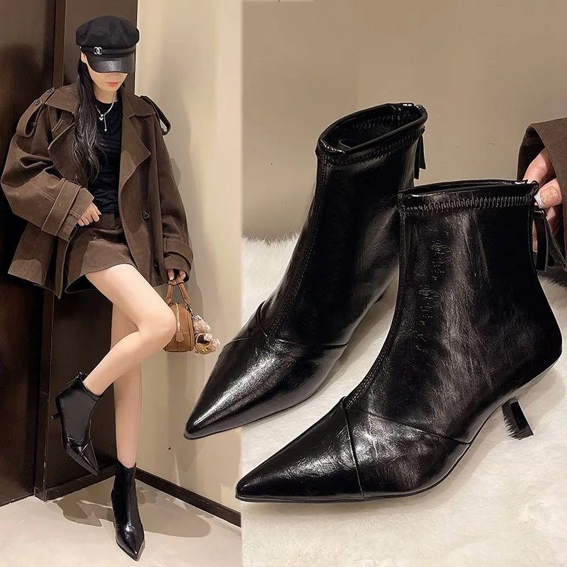 

Pointed Toe Women Ankle Boots New High Heels Shoes Woman 2025 Trend Short Boots Winter Elegant Pumps Dress Leather Boots