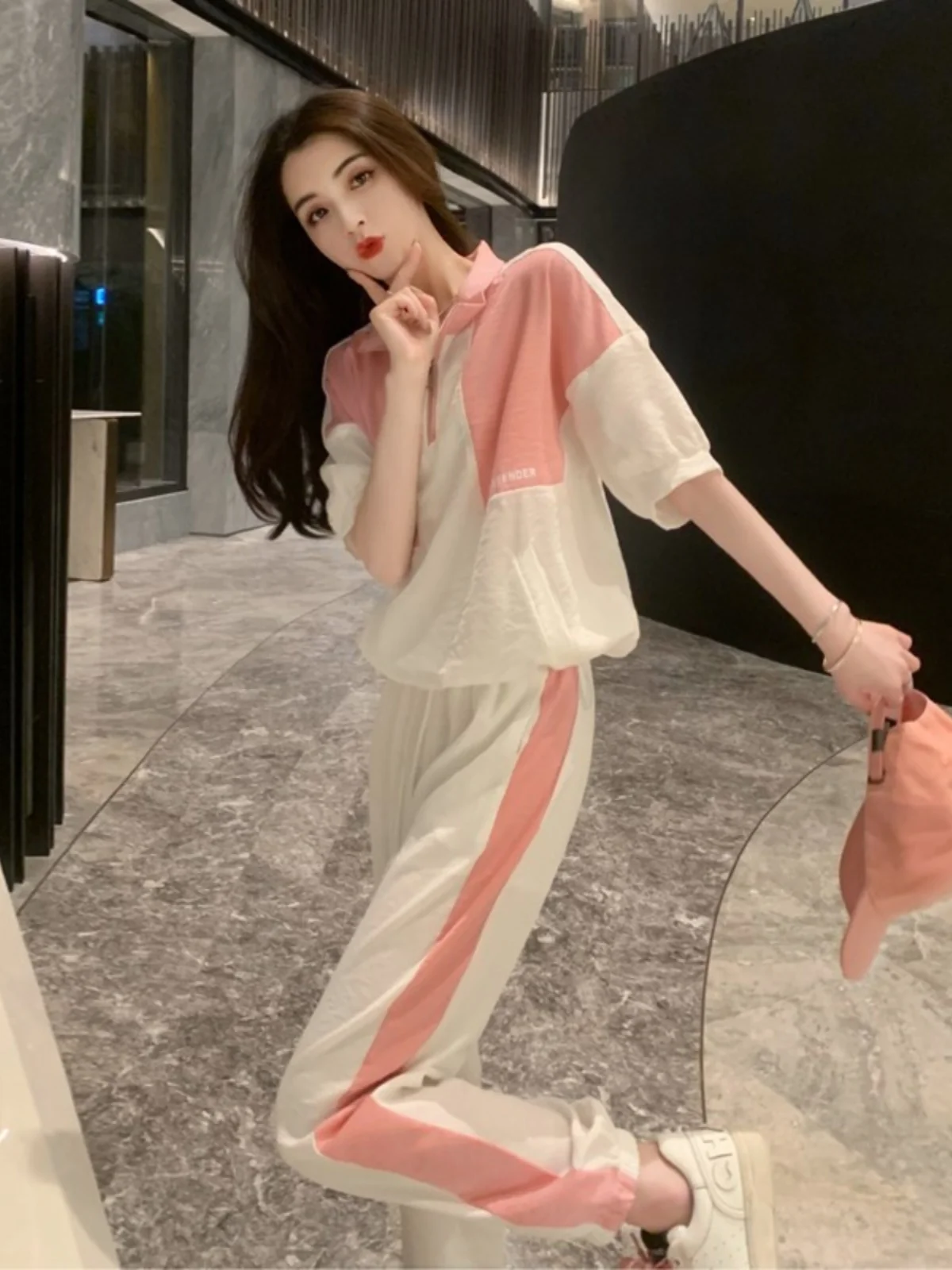 

Pink Casual Sportswear Set Women Summer New Loose Sweet Youthful Fashionable Splice Short Sleeve Pants Two Piece Set