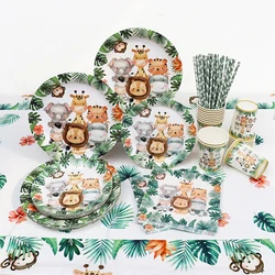 Jungle Safari Birthday Party Decorarion Animal Palm Leaves Banner Tablecloth Cups Plate Napkins Wild One Birthday Party Supplies