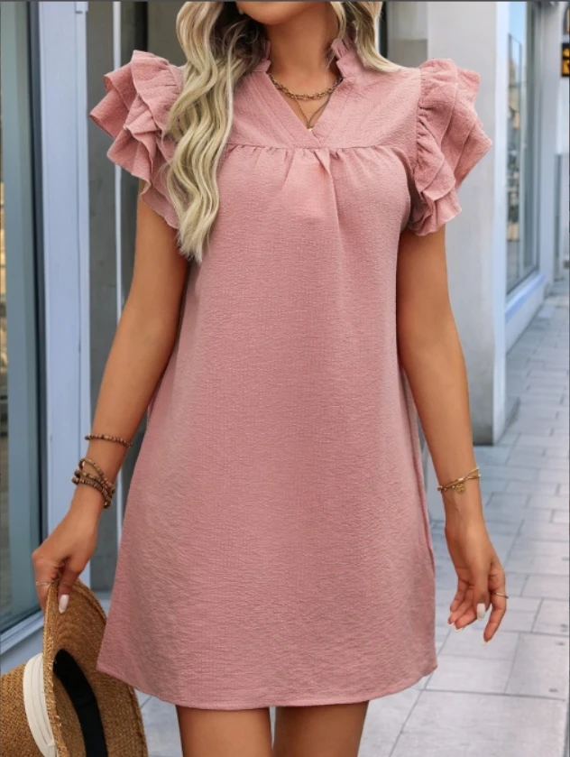 

Stand up collar solid color ruffle edge dress