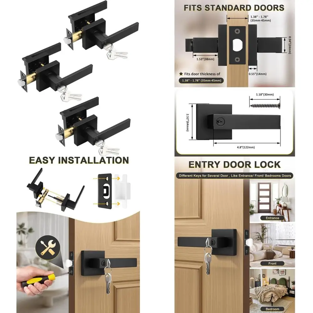 

Матовые черные дверные рычаги с замком, 3 ключа в комплекте, подходят для наружных и внутренних дверей, спален, офисов, отелей.