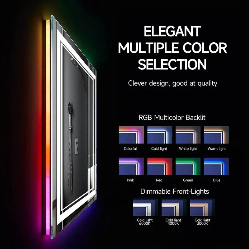 مرآة حمام ذكية LED بدون إطار مقاس 55 × 36 بوصة مع إضاءة خلفية RGB #2