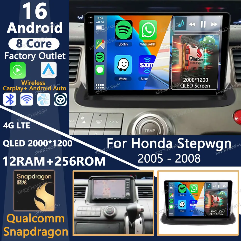 Android 16 Car Radio For Honda Stepwgn 2005 - 2008 QLED BT Carplay Auto 2DIN 4G LTE 5G WIFI Qualcomm Multimedia Video Player GPS
