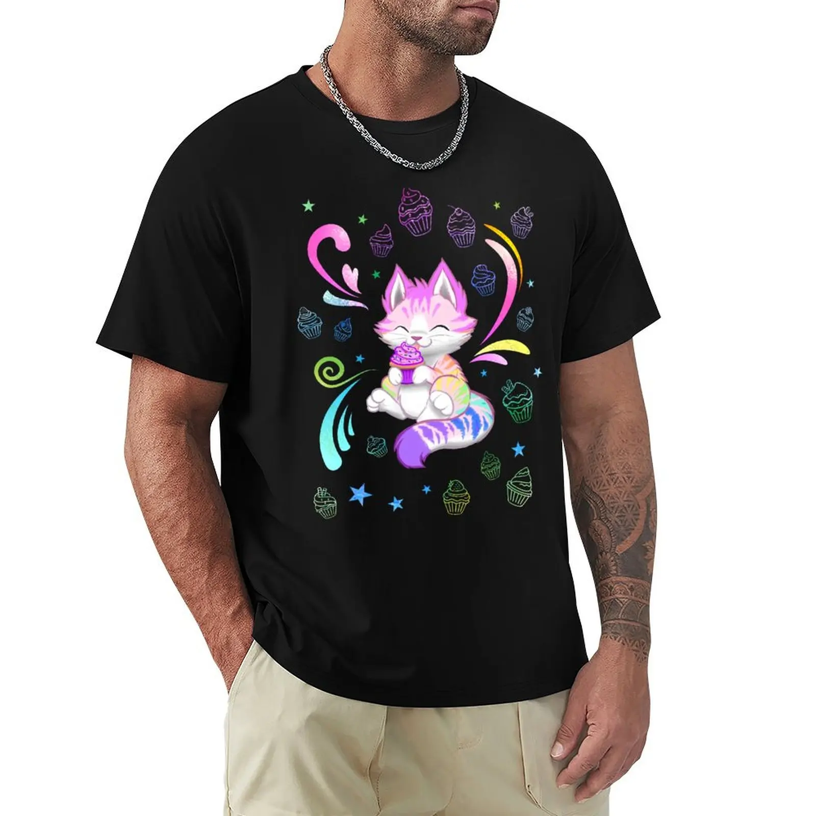 Rainbow Kitty with Cupcake T-Shirt Basic Tee Shirt for Everyday Outfit