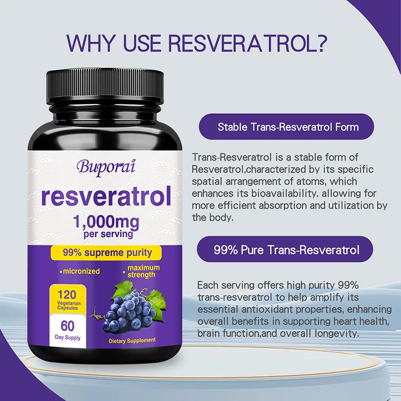 Resveratrol Supplement - 99% Trans-resveratrol, Healthy Aging, Brain & Heart Support, Antioxidant