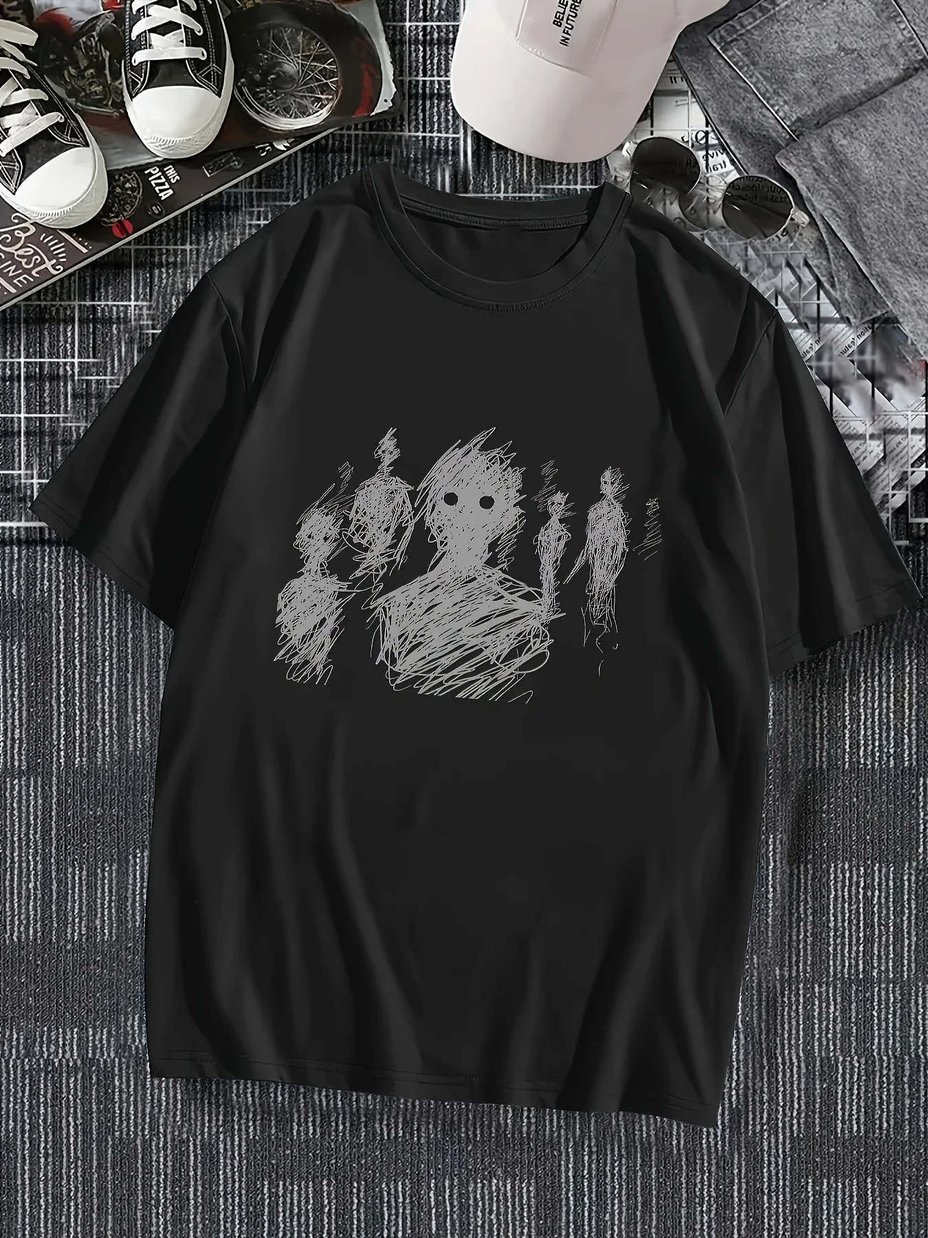 Street Hip-Hop Print Blurred Crowd T-Shirt Round Neck Top