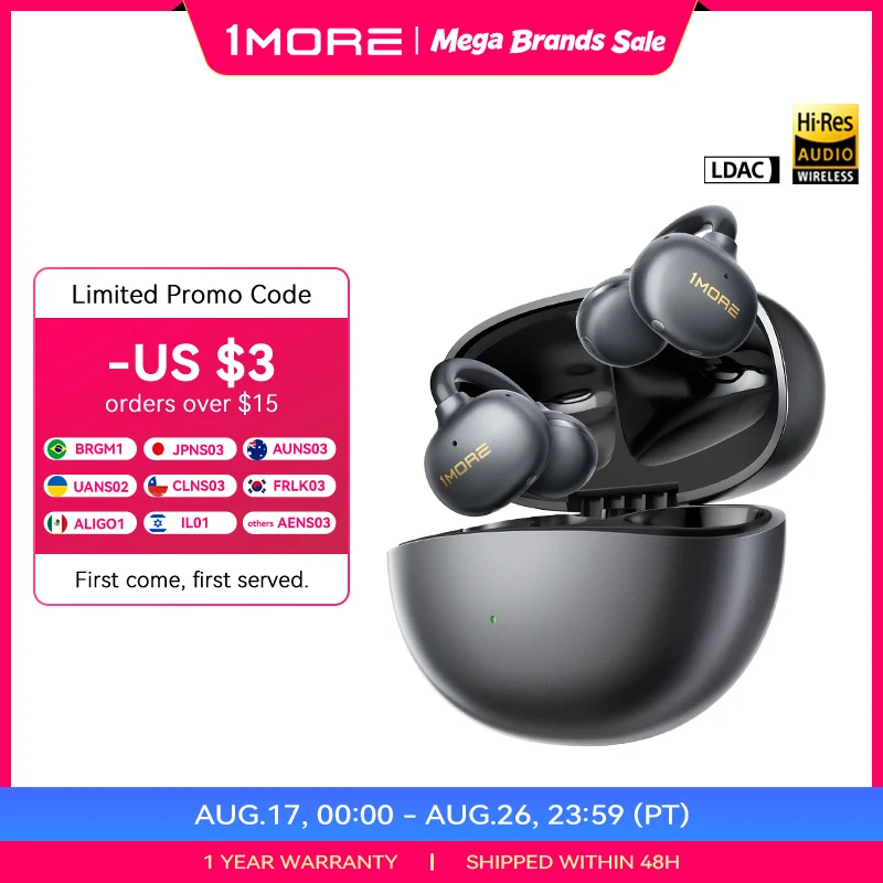 Беспроводные наушники 1More Open Ear Bluetooth Earbuds S21 с Bluetooth 6.0, LDAC, Hi-Res Audio, IPX5, 26 часов работы от батареи