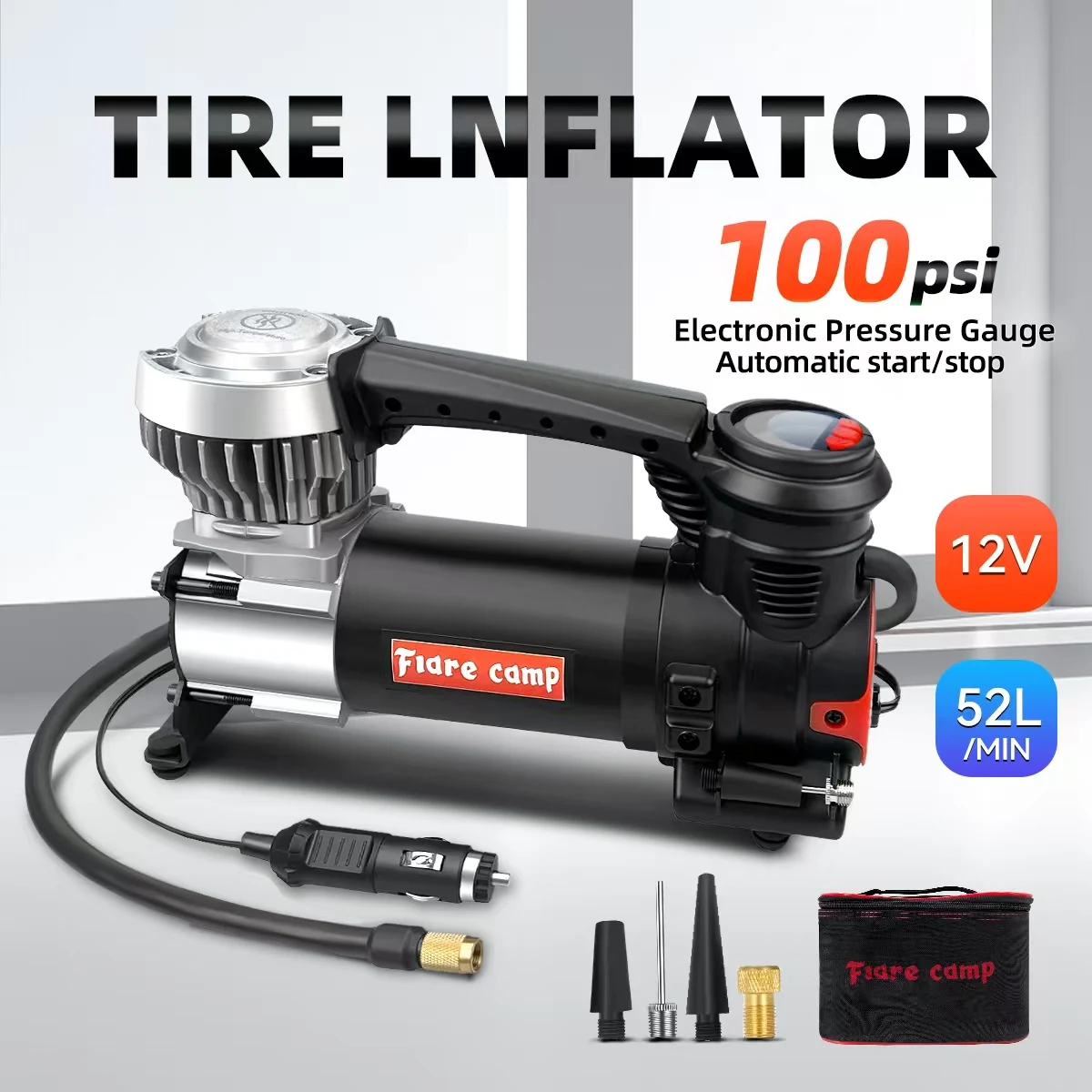 Portable Air Compressor,100PSI,Tire Inflator With Auto Start-stop,Plug In Cigarette Air Pump With Digital Pressure Gauge-T150