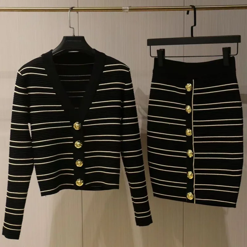 New Fashion Striped Slim Knitted Women's Two Piece Set Autumn Elegant Single Breasted Cardigan + Bodycon Mini Pencil Skirt Suit