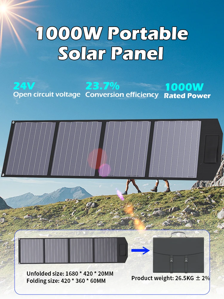 접이식 태양 전지 패널 휴대용 단결정 ETFE 태양열 충전기, RV 캠핑용 태양열 발전기, IP67 방수, 1000W, 18V-24V 
