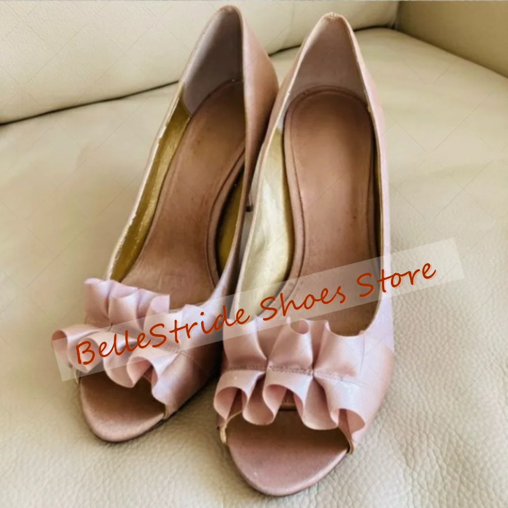 

Pink Round Toe Ruffles Pumps Open Toe Comfortable Women Shoes Stilettos High Heels Party Banquet Dating 2025 Zapatos Para Mujere