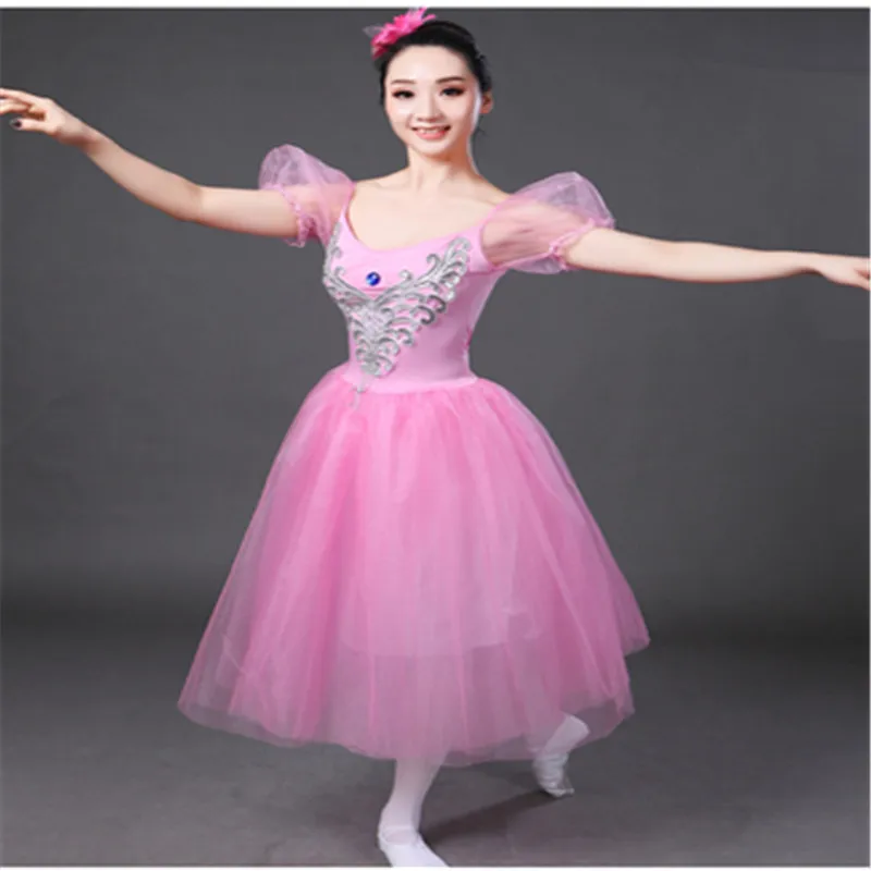 Adult Puffer sleeve ballet long dress Exercise suit pink color Swan Lake long veil performance costume girl's TUTu dress