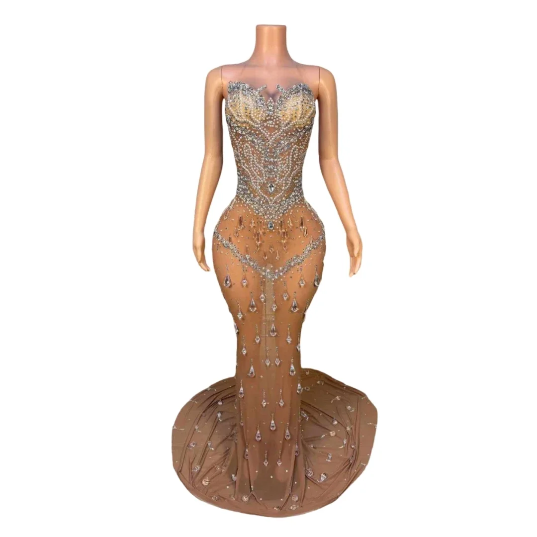 فستان بطول الأرض بدون ظهر من حجر الراين اللامع للنساء لأعياد الميلاد والسهرات والحفلات الراقصة والزفاف أنيق للاحتفال بملابس مسرح الكرنفال #1