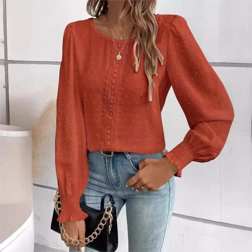 New Women\'s Round Neck Lace Patchwork Casual Solid Color Shirt 2024 Office Lady Orange Long-Sleeved Pullover Blouse Femme Blusas