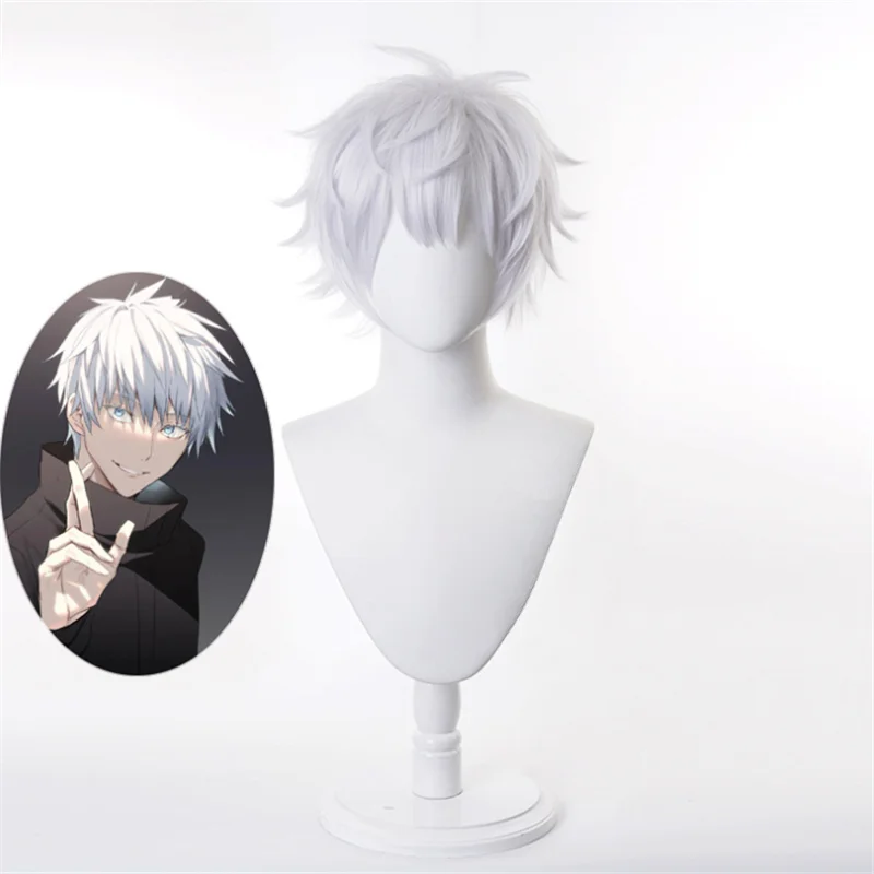 Anime Jujutsu Kaisen Gojo Satoru Release State Wig Cosplay Synthetic Wigs Playing Powder Short Silver White Hair Halloween