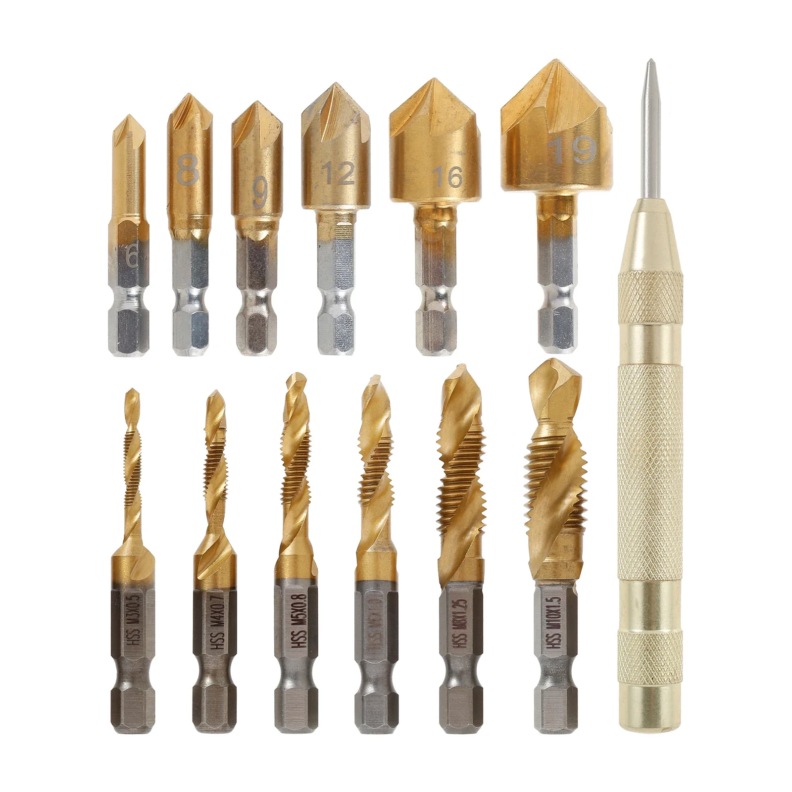 

13PCS Countersink Drill Bit Hex Shank Titanium Coating Screw Tapping Drill Bit Spring Loaded Automatic Center Punch Woodworking