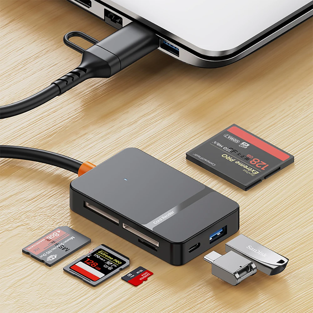 USB C 8-in-1-Kartenleser, multifunktionaler Kartenleser, unterstützt SD/TF/CF/MS-Kartenlesung, 5 Gbit/s, Schreiben, Lesen, U-Disk-Flash-Kartenadapter