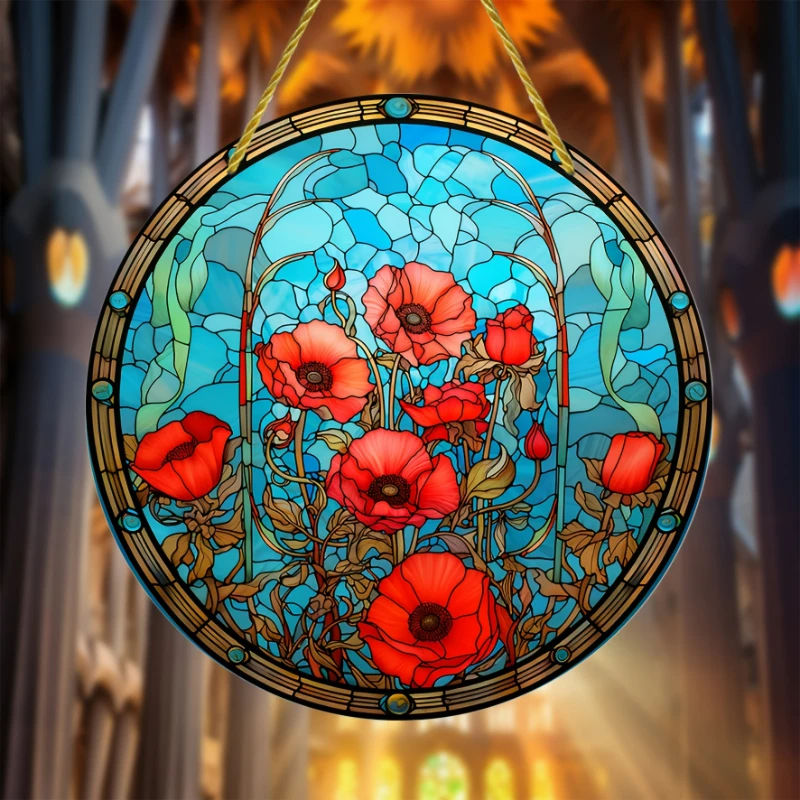 

1pc Poppy Flower Suncatcher Wall Sign Round Dyed Acrylic Art Board Painting Plaque Pendant For Farmhouse Hanging Home Decoration