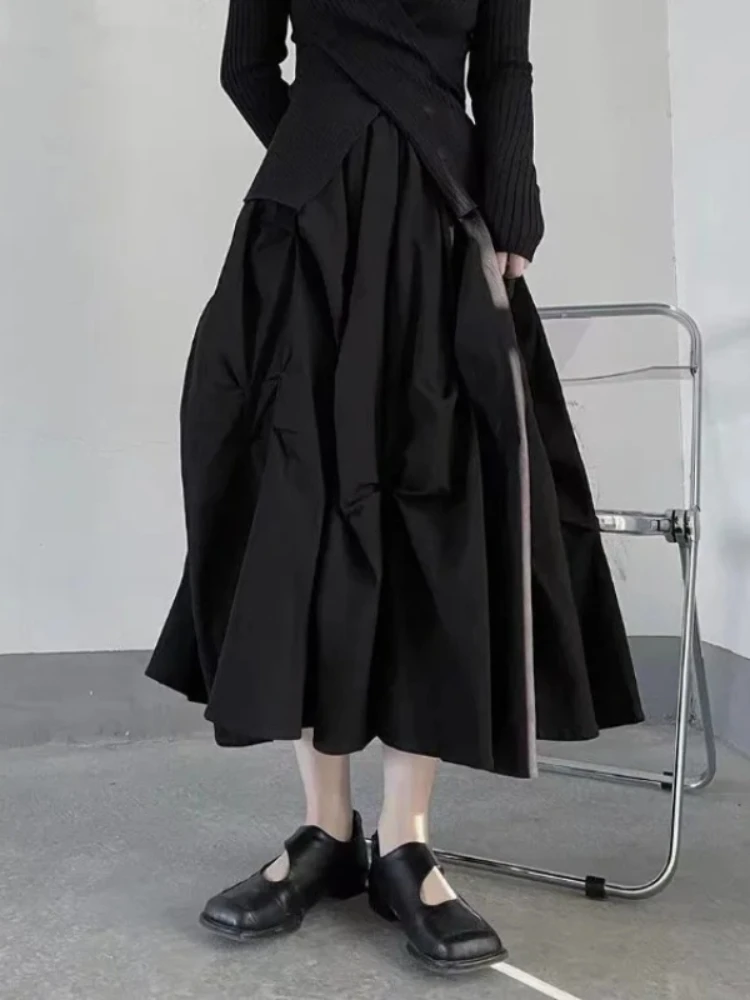 Solid Heavy Ruched A-line Skirt for Women's Y2k 2026 Spring New High Waist Mid-length Loose Skirts Woman