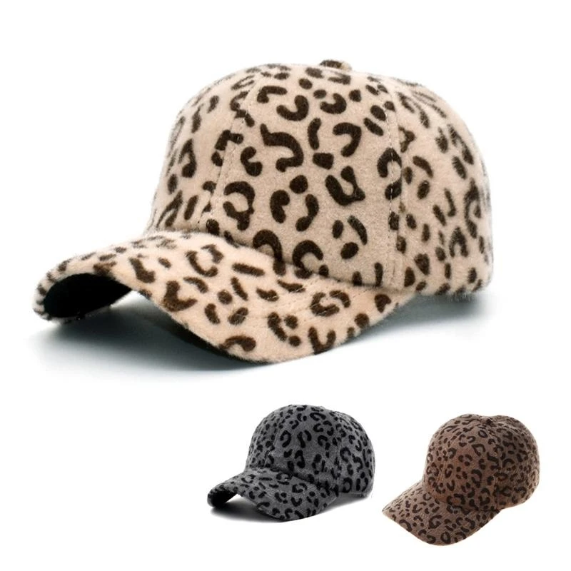 Women Winter Thicken Fuzzy Plush Baseball Cap Vintage Leopard Print Harajuku Hip Hop Outdoor Sports for Snapback Trucker