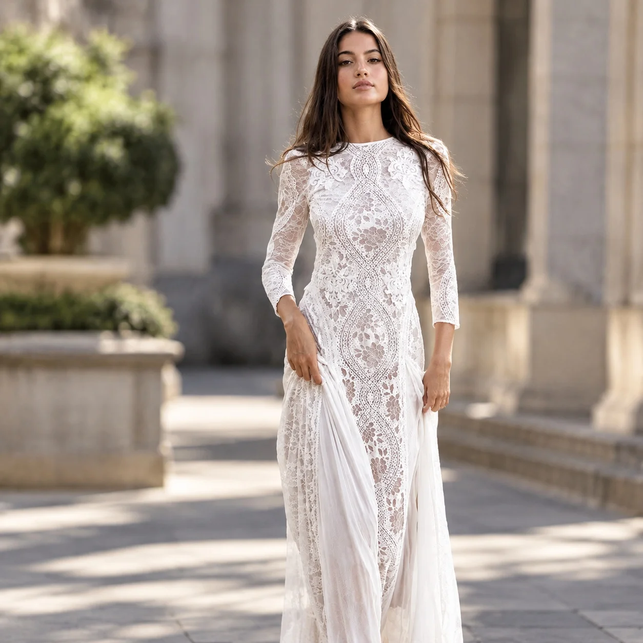 Printed Long Sleeve Gown Straight Cut Elegant Style with Irregular Hem Pullover Commuter Chic Office Elegant Dress for Women