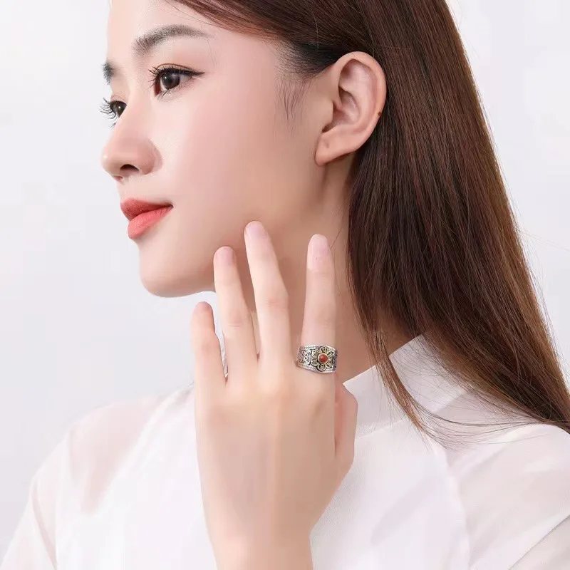 Buyee 925 Sterling Silver Flower Ring Finger Natural Carnelian Open Ring for Woman Fashion Ethnic Fine Jewelry Circle with Box