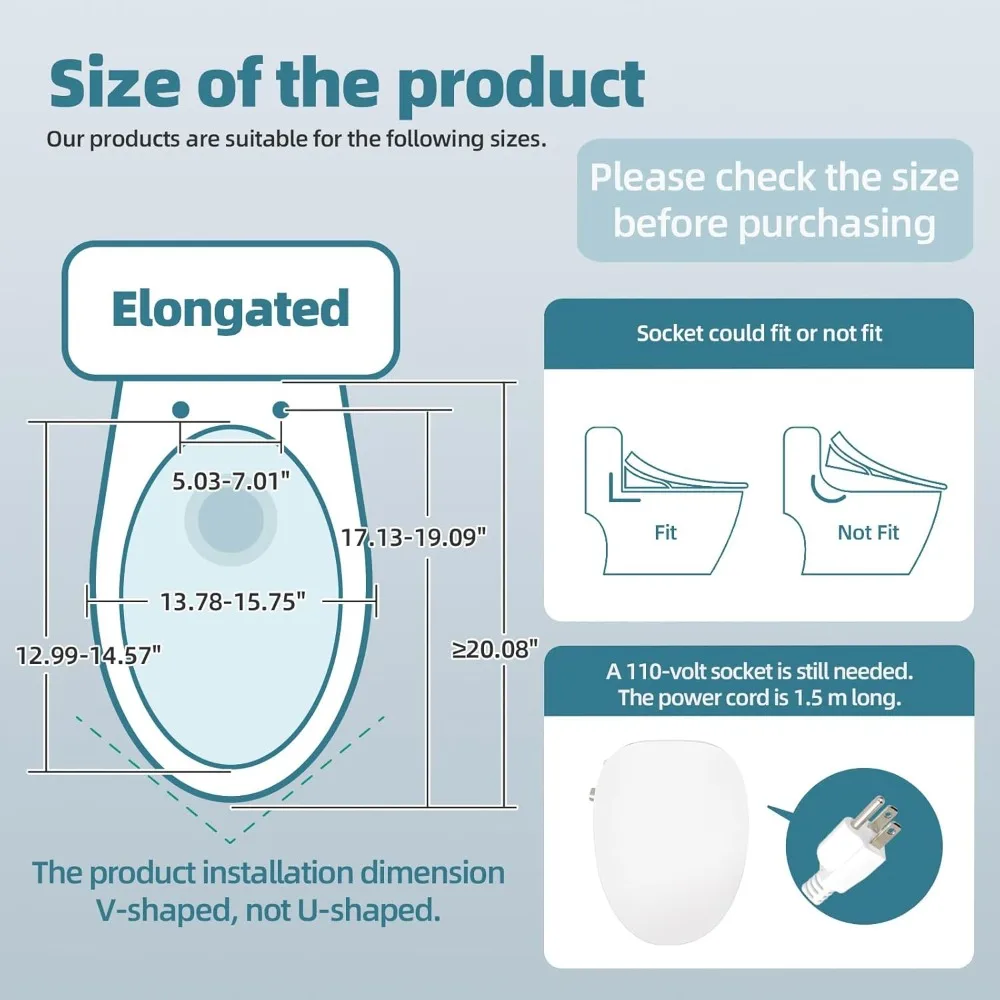 Siège de toilette chauffant pour toilettes allongées en forme de V – Bidet lavage à l'eau chaude, buse autonettoyante, sèche-linge à air chaud, désodorisant