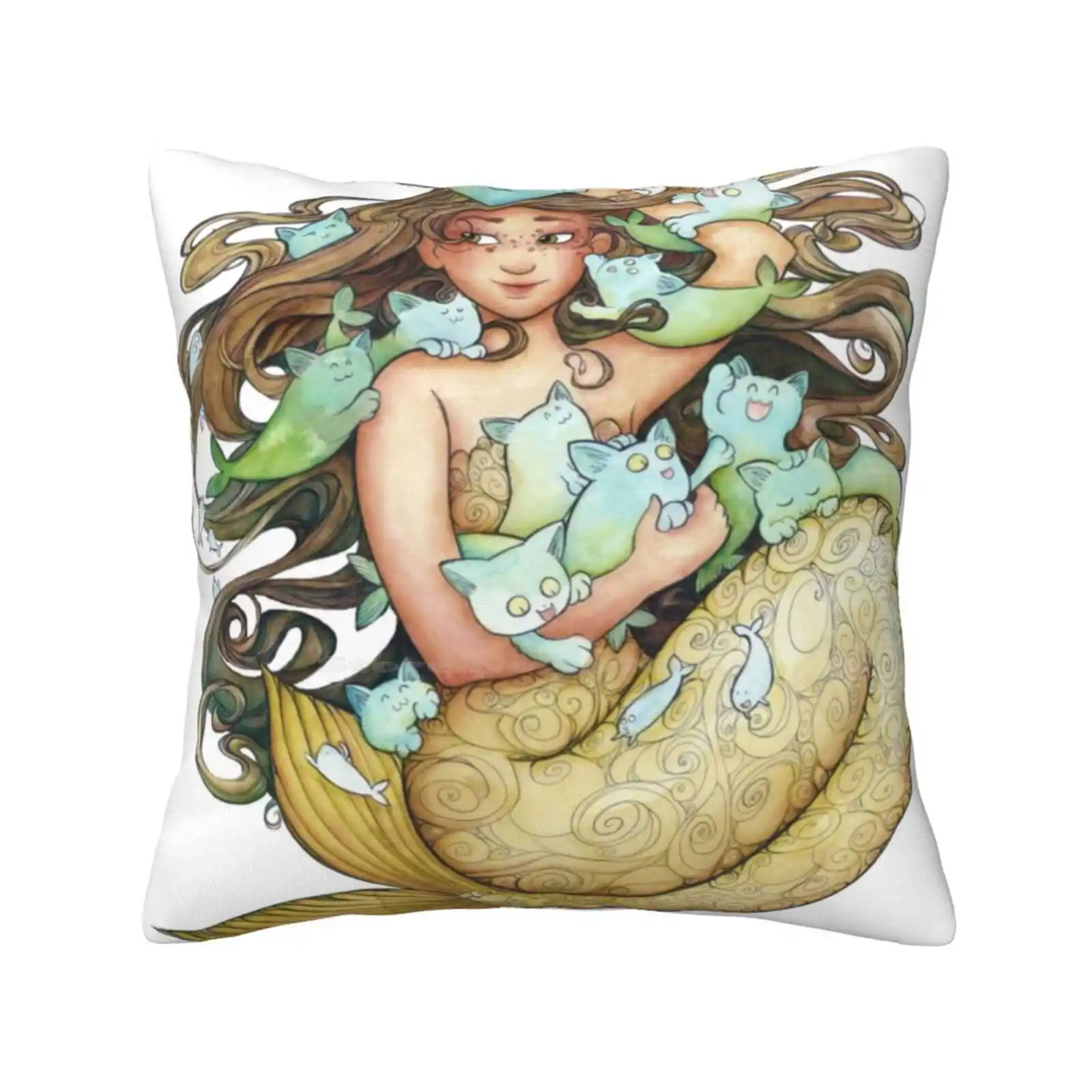 Mer Kittens Pillow Cover Hug Pillowcase Mermaid Merkittens Mercat Fantasy Aquatic Cute Funny Playful Joy Whimsical Freckles