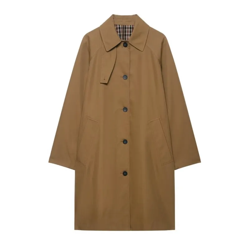

Women Midi Trench Coat Autumn Casual Long Sleeve Notched Lapel Collar Button Women Loose Jacket with Pocket Female Overcoat