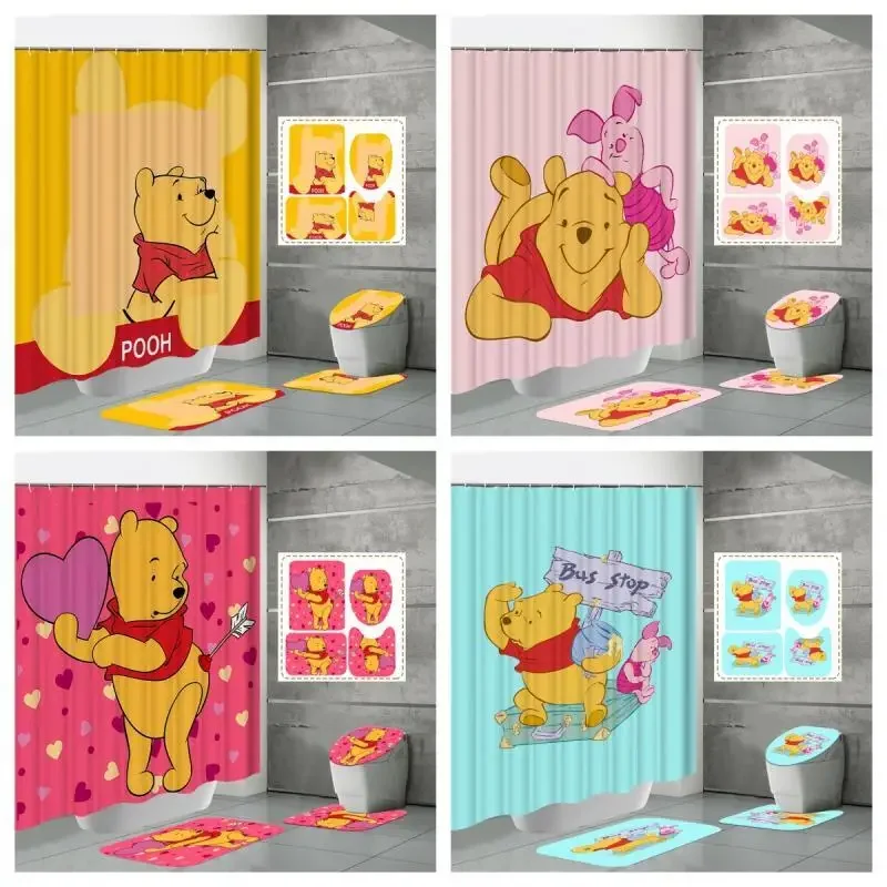 Disney Shower Curtain Four Piece Set Winnie The Pooh Bathroom Printing Water Proof Shower Curtain Carpet U-Shaped Pad Wholesale