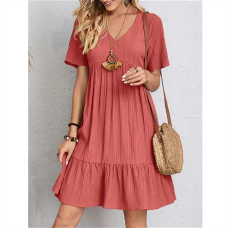 Kobiety Vintage Mini Sukienki 2025 Lato Solidne Casual V Neck Ruffles Sukienka Ladies Boho Loose Beach Party Eleganckie sukienki Vestidos