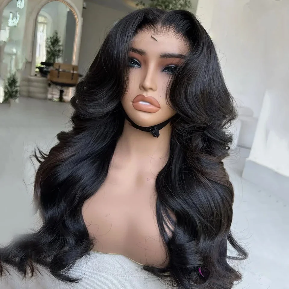 

26-дюймовые черные парики с эффектом естественной волны, без клея, плотность 180%, с кружевной передней частью 13*4*1, для женщин, с детским волосом, из синтетического волокна, для повседневной носки