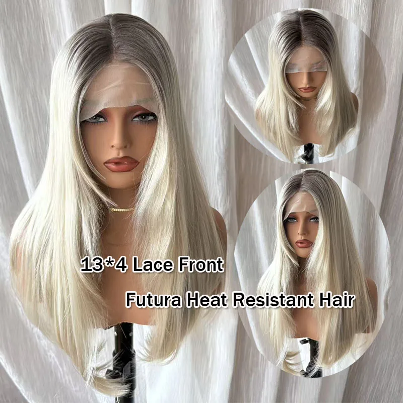 13x4 Lace Front Wig for Women Hand-Tied Synthetic Silver Ombre Long Wavy Heat-Resistant Wig Pre-Plucked Natural Hairline for Dai