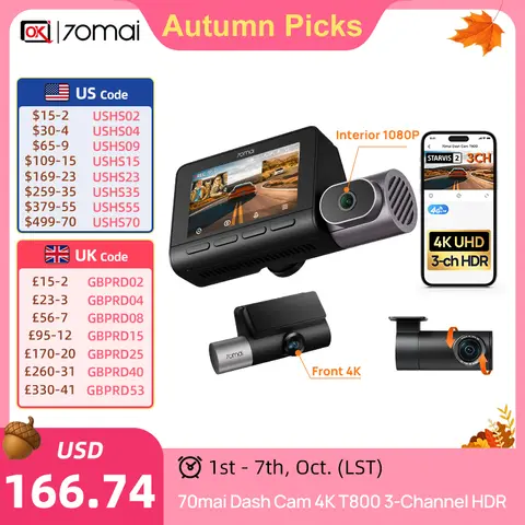 70mai Car DVR 4K T800  3-Channel HDR Car DVR Supercapacitor WiFi 6 Voice Control GPS ADAS Support 4G Wifi 6 Global Version