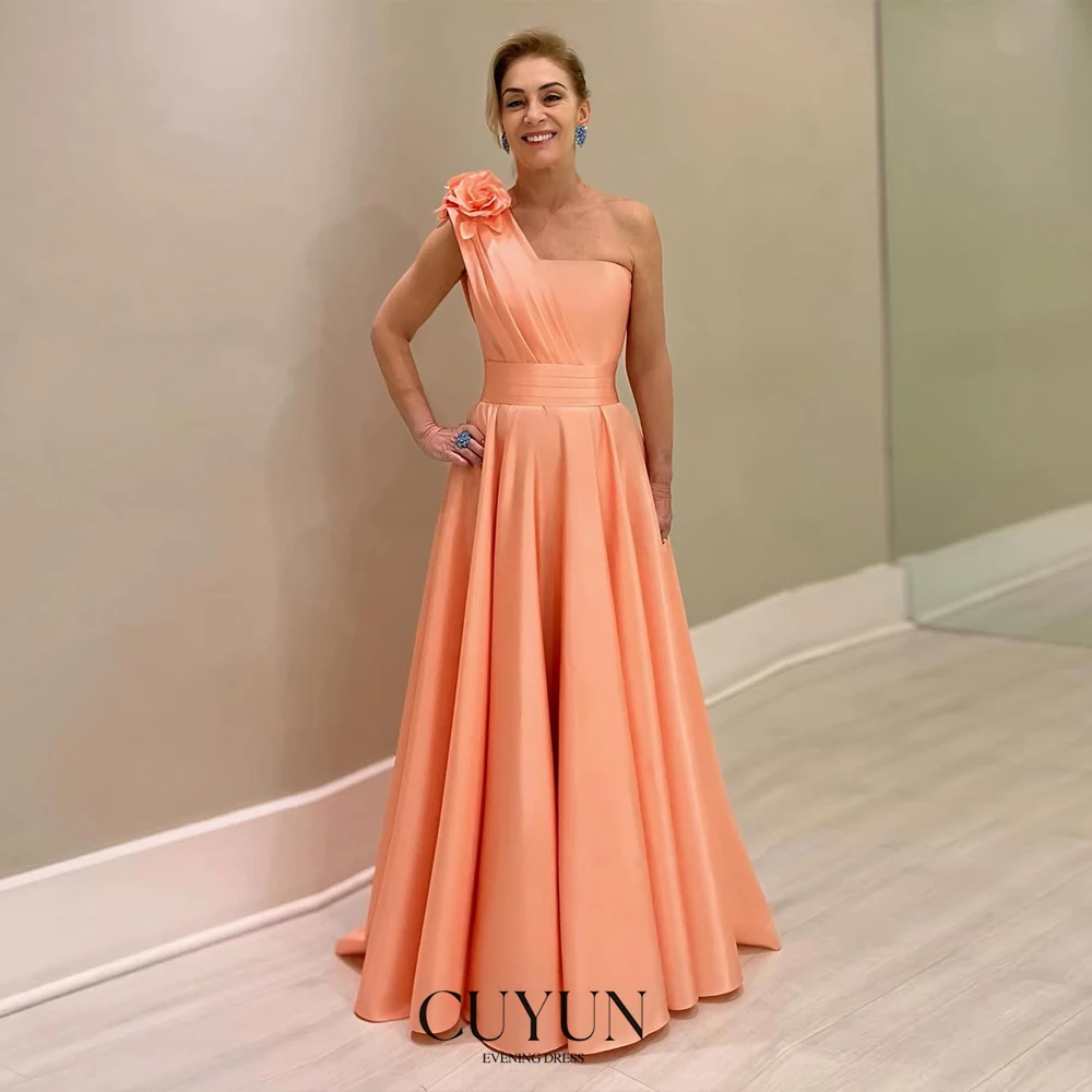 CUYUN-vestidos de fiesta elegantes para invitados de boda, vestido de noche de flores hecho a mano con un hombro, vestido de fiesta de satén de línea A personalizado