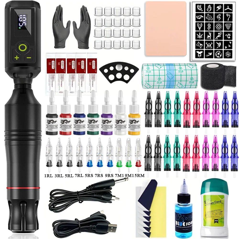 

Wireless Tattoo Pen Kit Cartridge Tattoo Machine Kit for Beginners Rotary Tattoo Pen Type Machine Set with Inks Tattoo Gun Kit