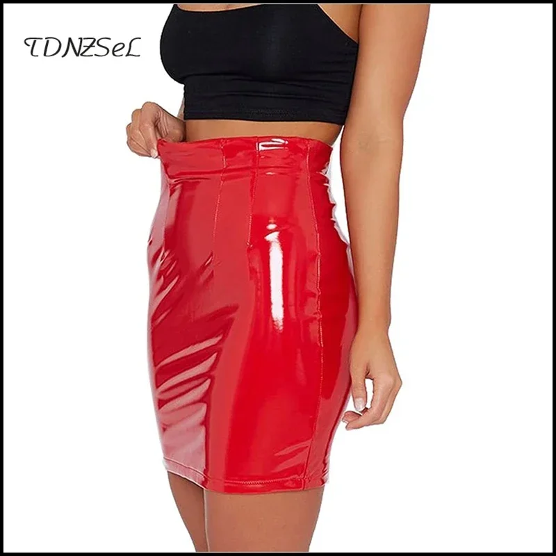 Women High Waist Faux Leather Mini Pencil Skirt Ladies Sexy Shiny PU Stretch Bodycon Short Skirts Nightclub Party Summer Custom