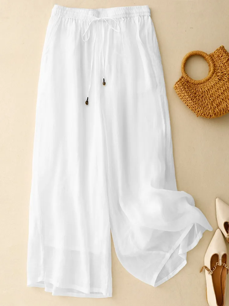กางเกงขายาวผ้าลินินเนื้อบางเบาสำหรับฤดูร้อน ทรงขากว้าง สไตล์ลำลองสำหรับผู้หญิง ทรงตรง หลวม ใส่สบาย เอวยางยืดแบบผูกเชือก