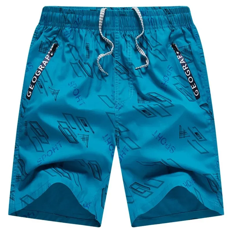 Men's Geometric Print Beach Shorts Elastic Waist Quick Dry Knee Length Casual Shorts Loose Fit Plus Size Summer