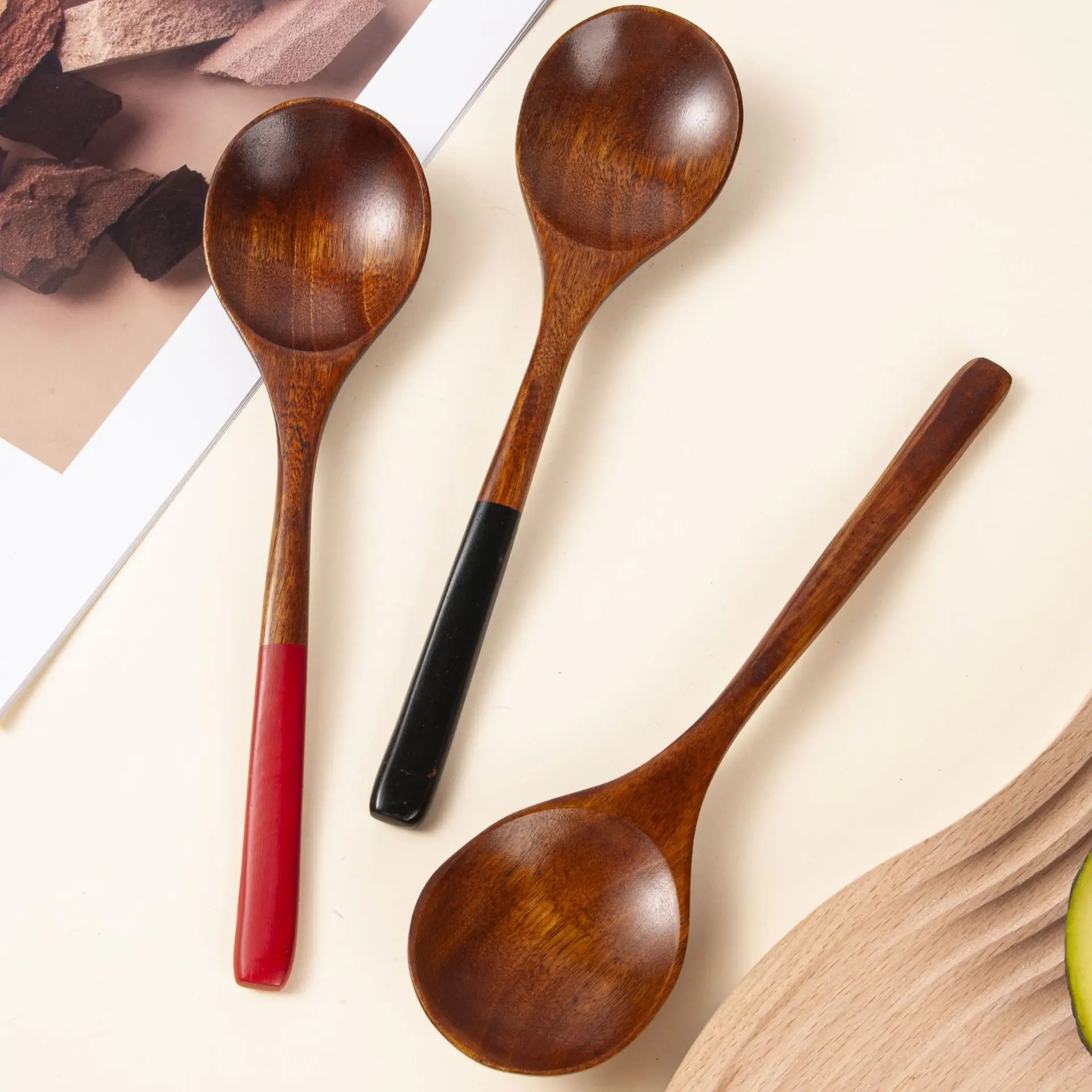 23.5x6cm Black and Red Long-handled Spoon Japanese-style Old Lacquered Wooden Spoon Public Tableware Kitchen Accessories