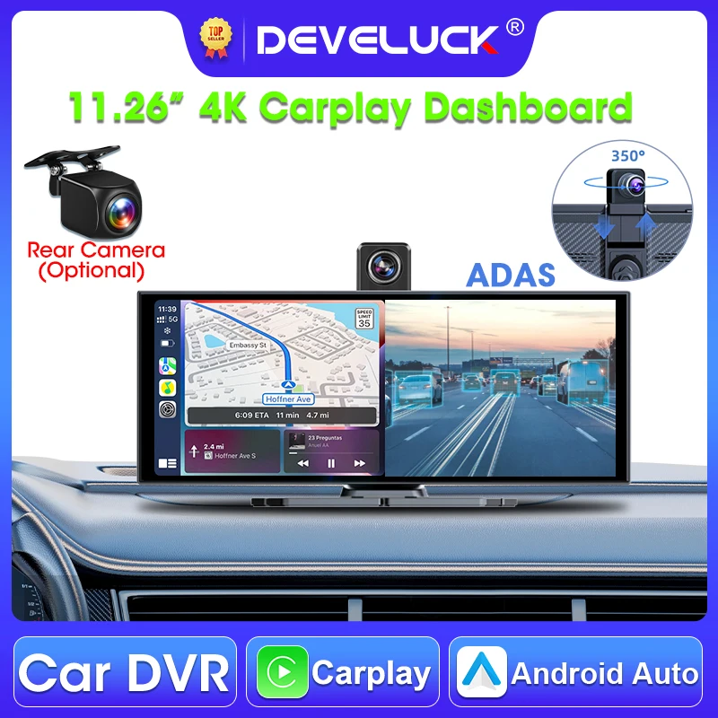 Develuck 11.26 بوصة ADAS Car DVR 4K Dash cam 350 °   كاميرا أمامية قابلة للدوران Carplay Android Auto Dual Lens Registrar Siri Voice Control