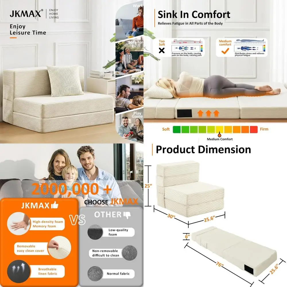 4-in-1 Folding Sofa Bed with High Density Memory Foam - Convertible Sleeper Chair for Living and Bedroom Use in Beige