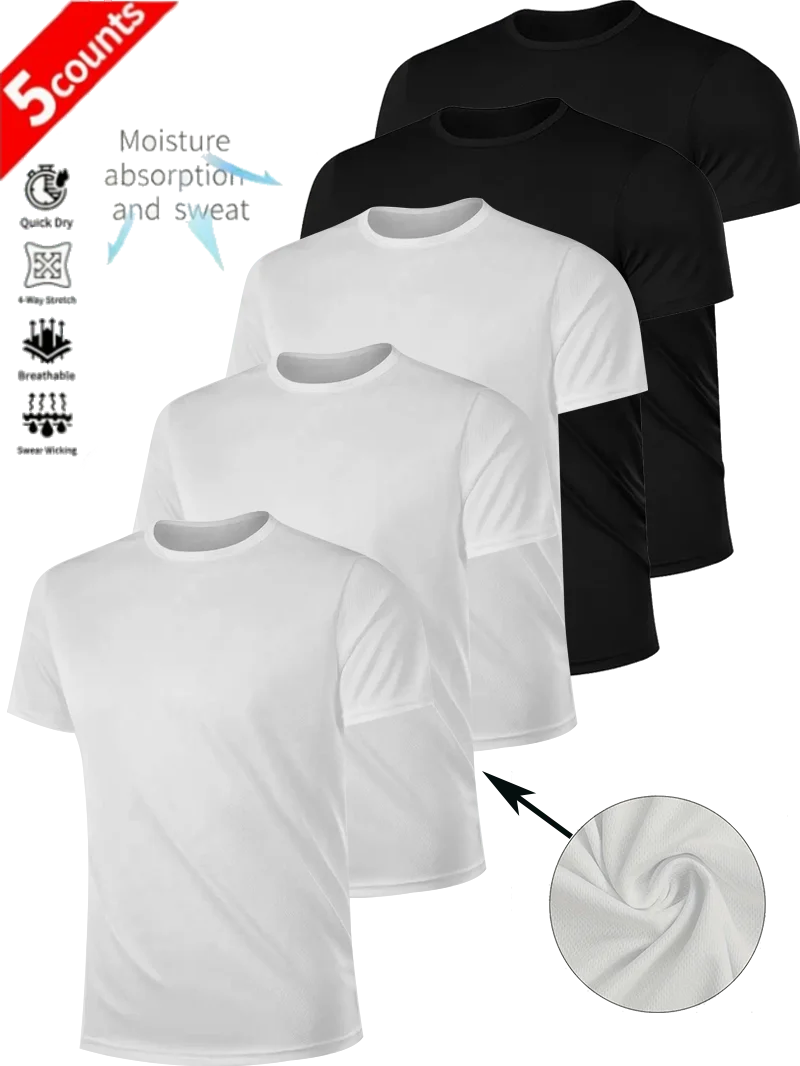 

Men's 5-piece Solid Black and White T Shirt Mesh Comfortable Soft Breathable Sports Moisture Wicking Quick Dry Black for Gym