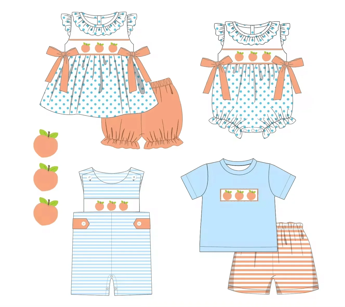 Toddler suit Hot Sale Girls Spotted Top Orange Shorts Set Peach Print Summer Clothes Boys Jumpsuit Boutique Milk Silk Clothes